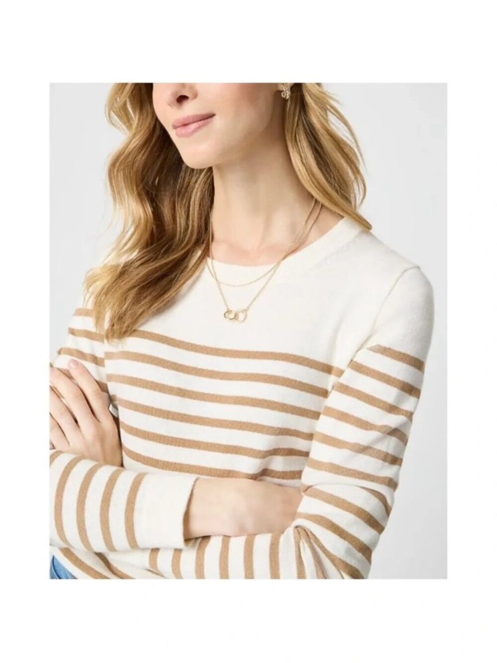 J.Crew Teddie Sweater Ivory Camel Stripe Preppy Lightweight Classic Versatile XS